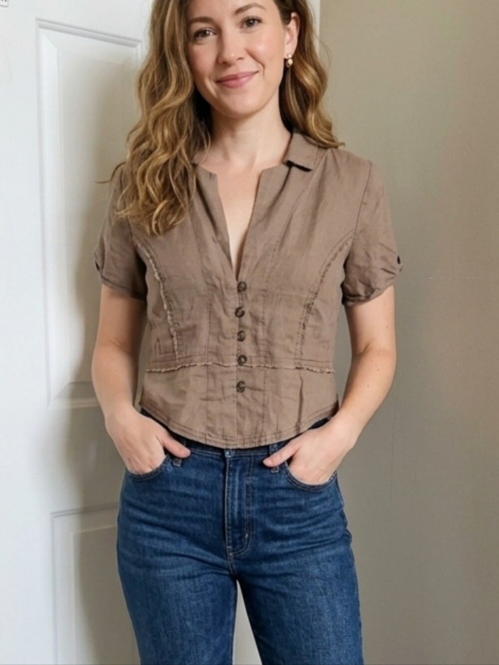 We The Free Taupe Brown Deep V-neck Button Up Blouse, Small